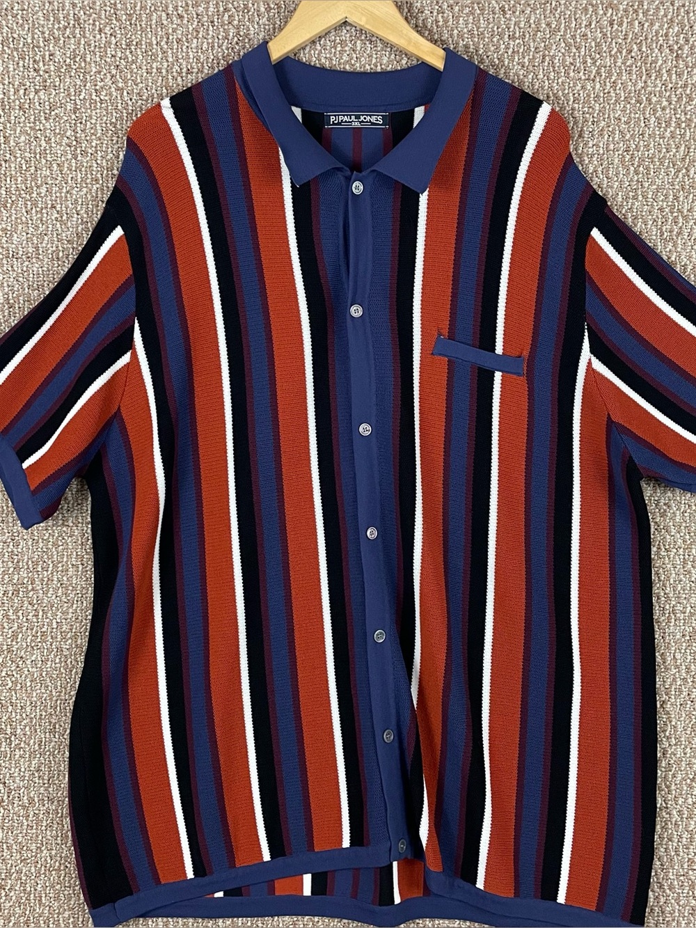 Paul Jones Shirt Men’s 3XL Red Blue Striped Knit Button Up Mod Rockabilly 166